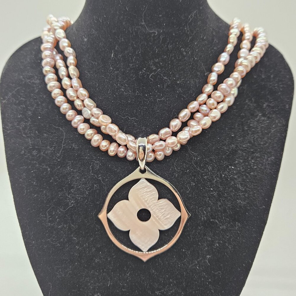 Honora Pink Pearl-Triple Necklace with Sterling Clasp & Mother-of-Pearl Pendant